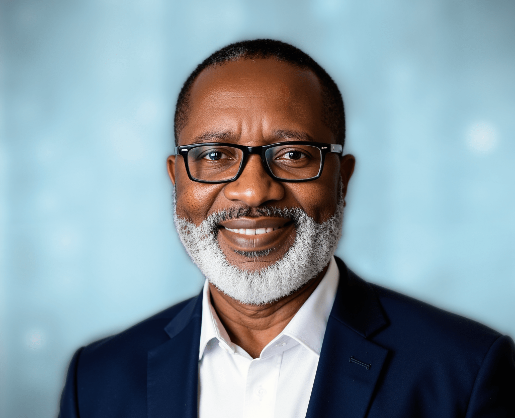 Portrait of a smiling man with glasses and a salt-and-pepper beard, wearing a dark suit and white shirt, against a soft blue background.