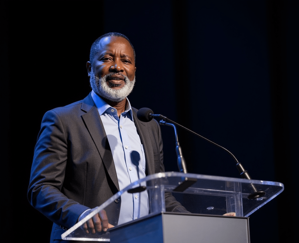 A confident leadership coach speaking at a podium in a professional setting, with focus on delivering insights to an audience.